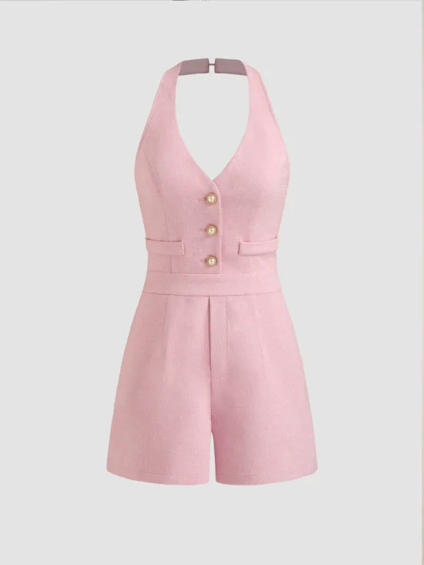 Tweed V-neck Halter Solid Pearl Button Romper sold by Cider