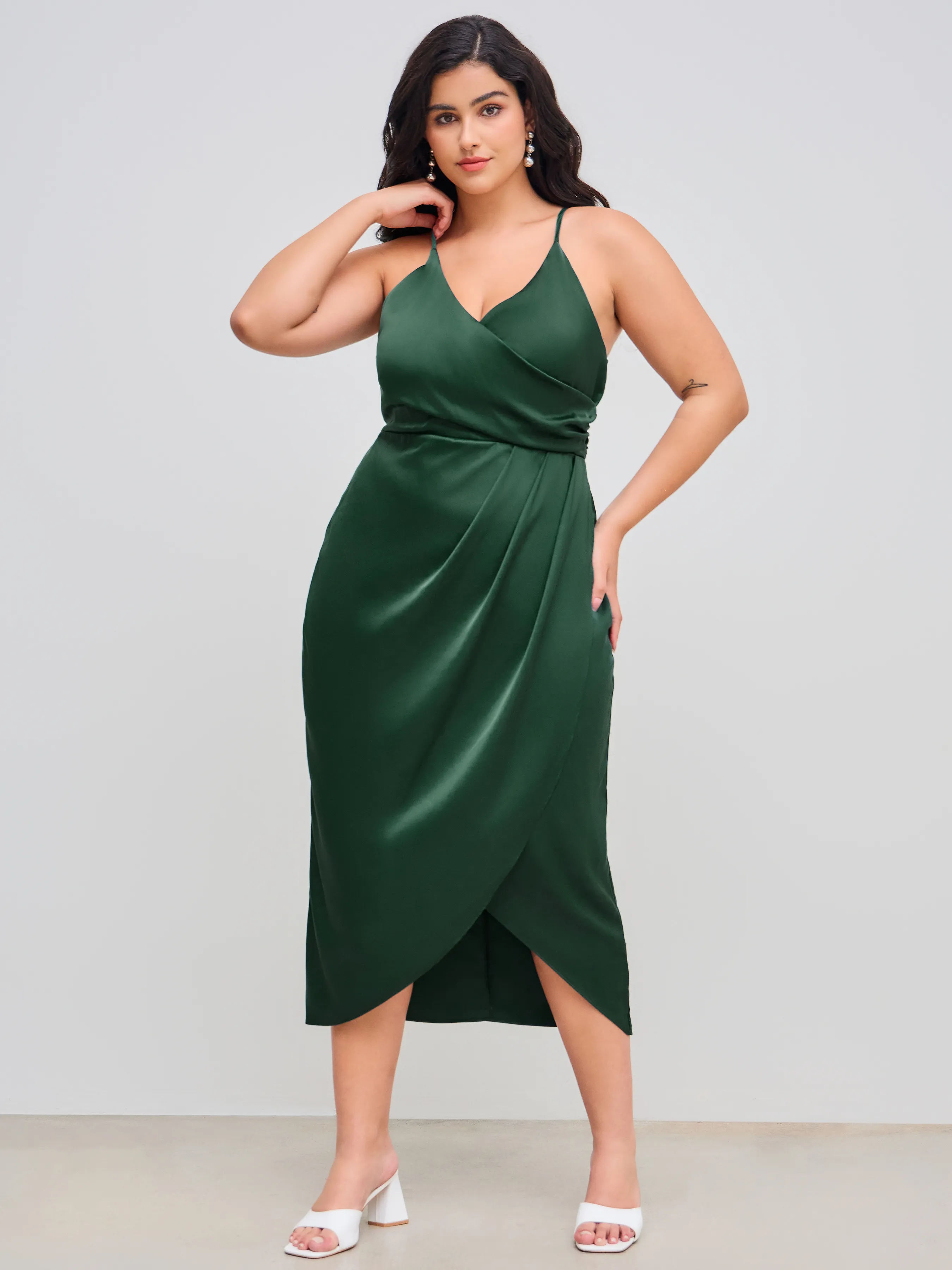 Satin V-neck Wrap Knotted Midi Dress Curve & Plus sold by Cider