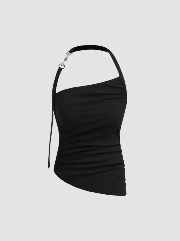 Halter Solid Asymmetrical Hem Ruched Cami Top sold by Cider
