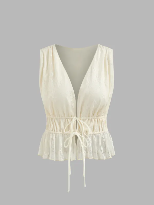 Lace V-neck Solid Lettuce Trim Knotted Tank Top sold by Cider