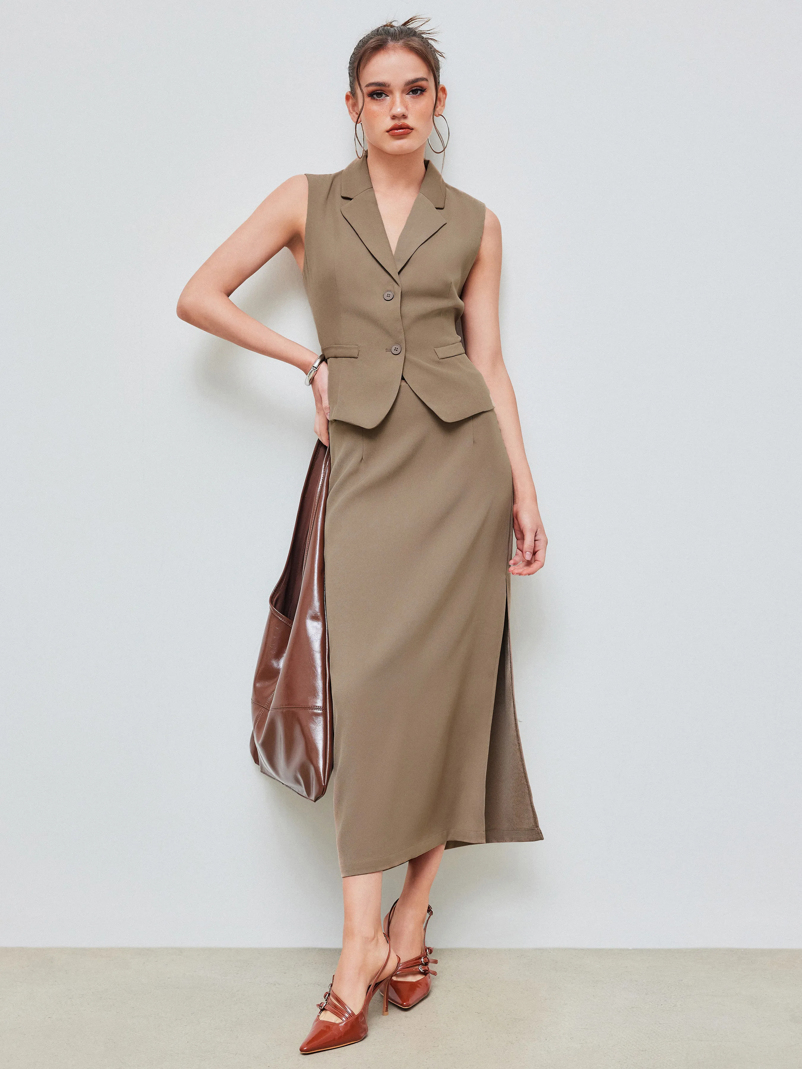 V-neck Solid Button Vest & Split Maxi Skirt Matching Set sold by Cider