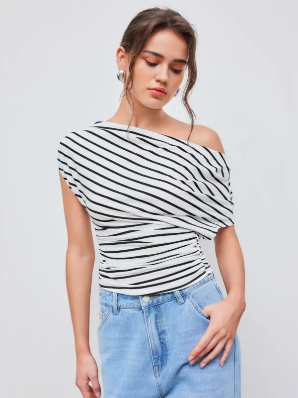  Cotton-blend Asymmetrical Neck Striped Ruched Short Sleeve Top sold by Cider