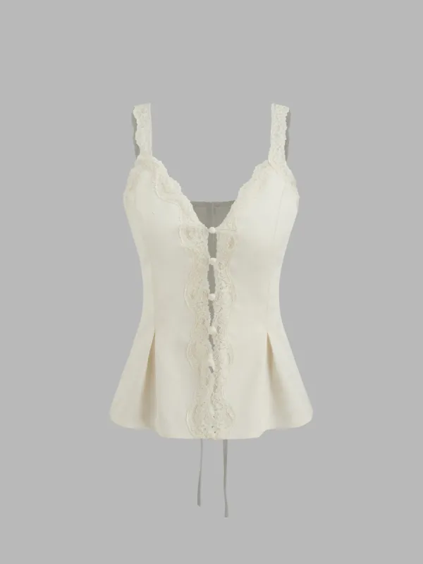 Linen-blend V-neck Lace Knotted Cami Top sold by Cider