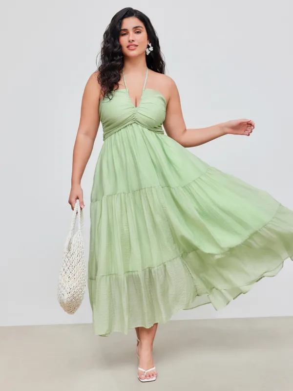 Woven Halter Cut Out Tiered Ruffle Hem Maxi Dress Curve & Plus sold by Cider
