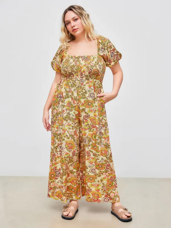 Woven Square Neckline Floral Pocket Shirred Jumpsuit Curve & Plus sold by Cider
