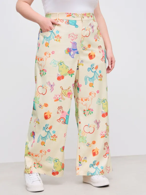 Corduroy Mid Rise Animal & Fruit Graphic Pocket Wide Leg Trousers Curve & Plus sold by Cider