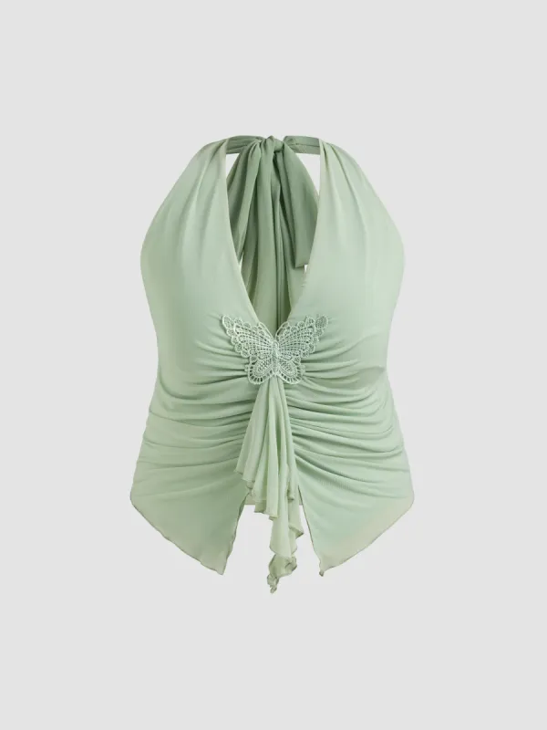 Mesh Halter Ruched Knotted Butterfly Top Curve & Plus sold by Cider