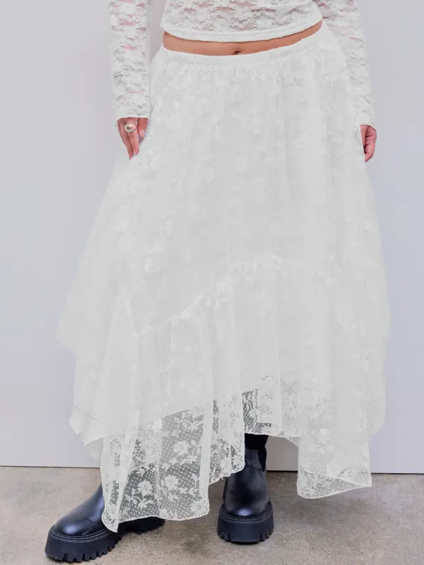 Lace Mid Rise Asymmetrical Tulle Midi Skirt Curve & Plus sold by Cider