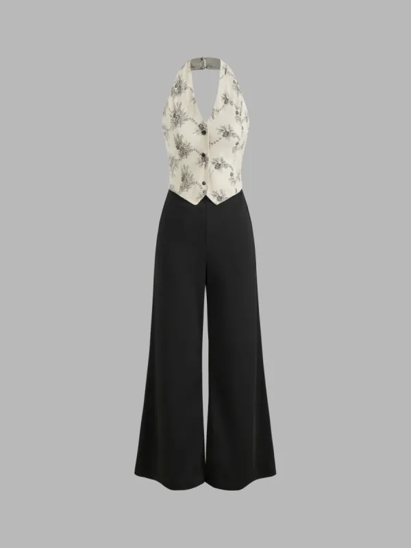 Halter Floral Two Tone Vest Wide Leg Jumpsuit sold by Cider
