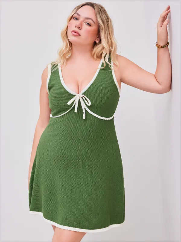 Jacquard V-neck Solid Contrasting Binding Knitted Mini Dress Curve & Plus sold by Cider