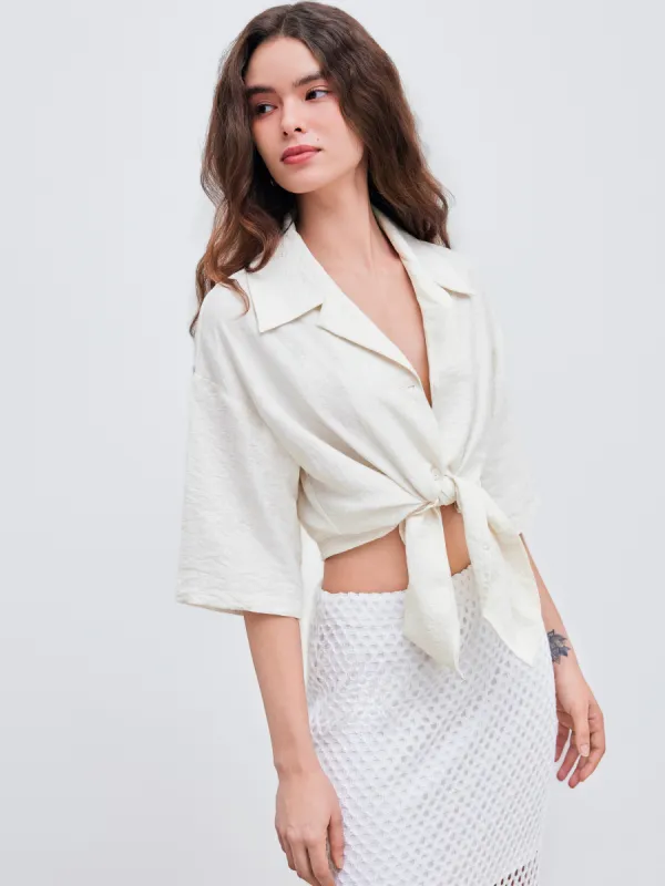 Linen-blend Collar Solid Short Sleeve Shirt sold by Cider