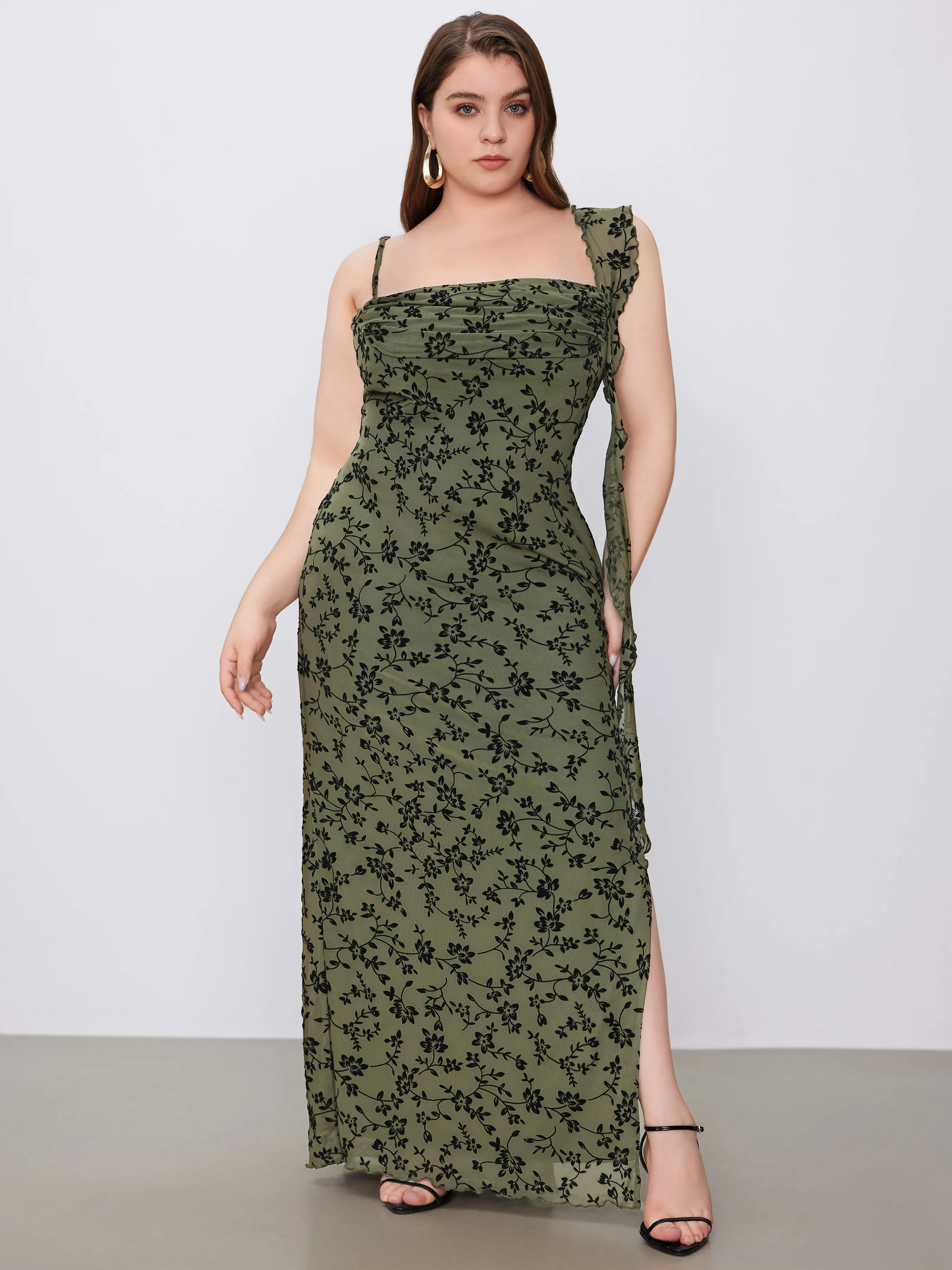 Mesh Asymmetrical Neck Ruffle Hem Floral Maxi Dress Curve & Plus sold by Cider