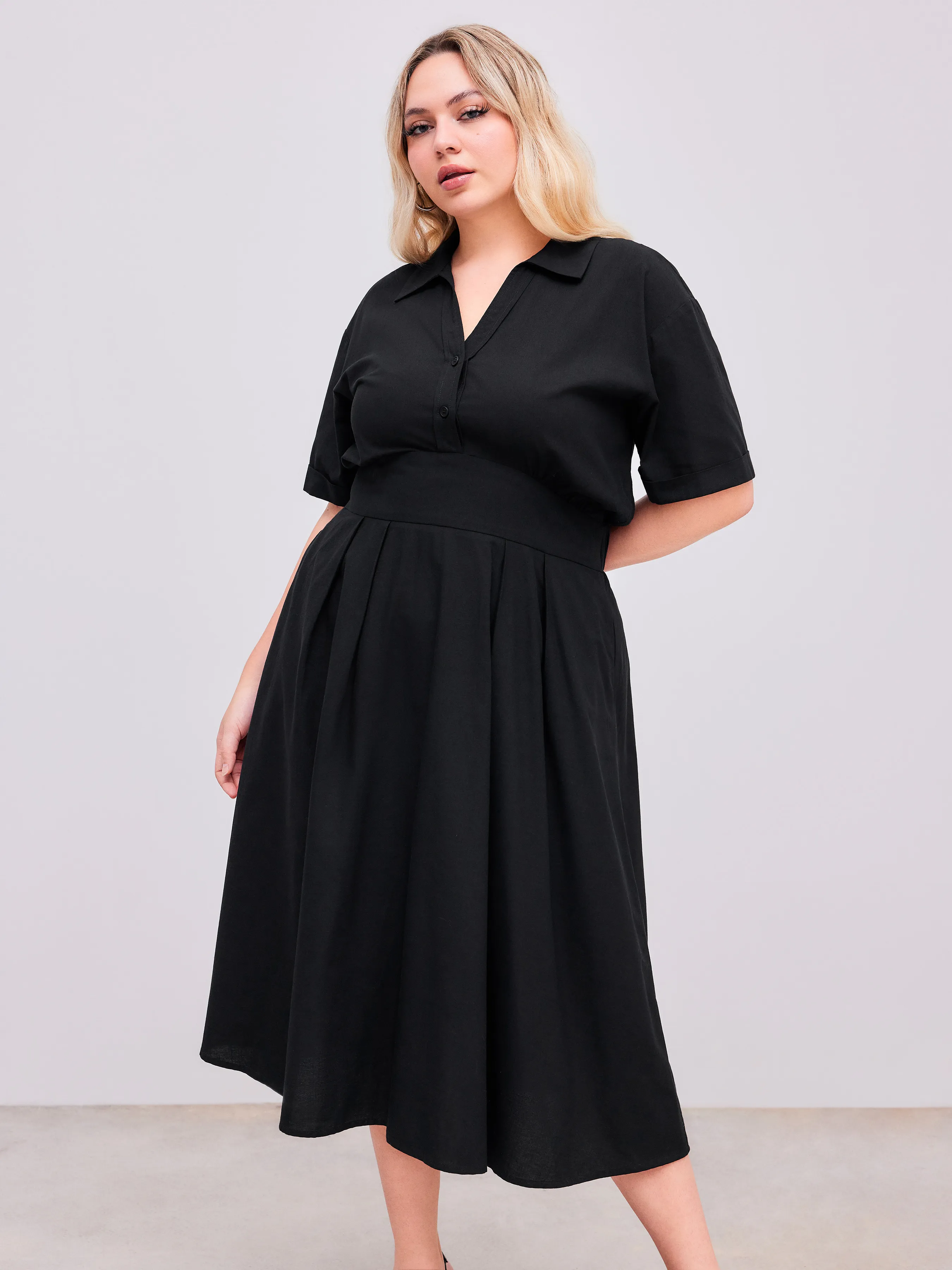 Linen-blend Collar Ruffle Solid Maxi Dress Curve & Plus sold by Cider