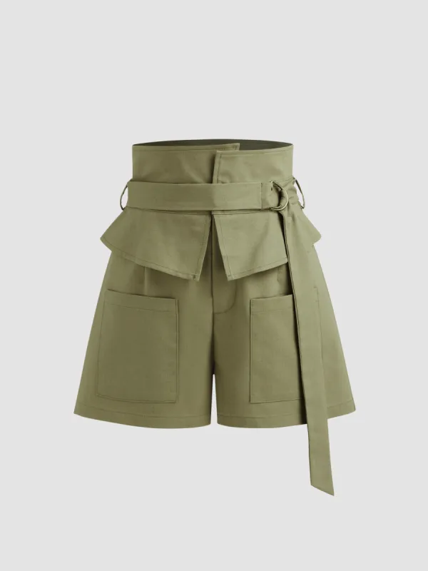 High Rise Ruffle Trim Solid Shorts With Belt sold by Cider