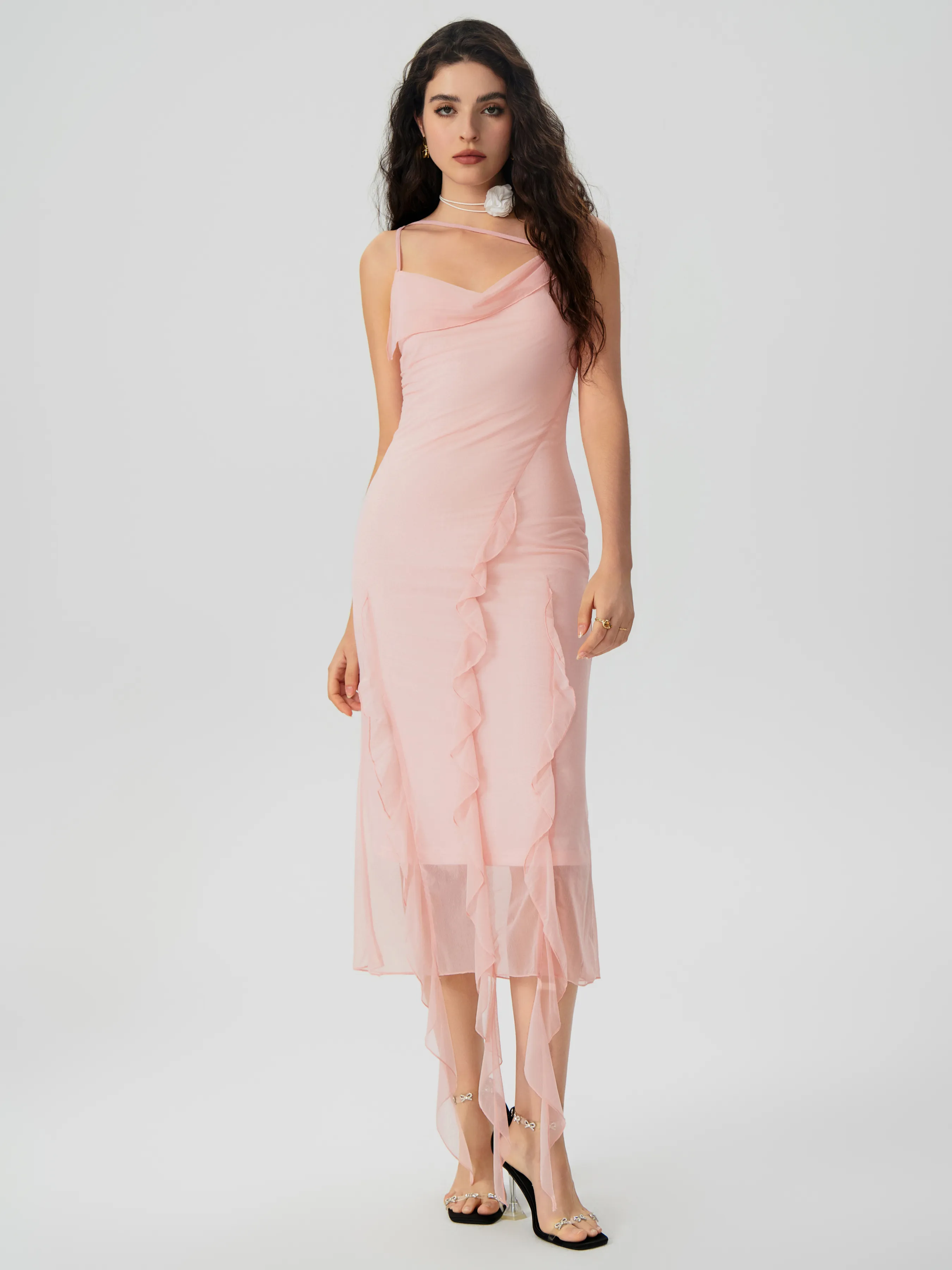 Mesh Ruffle Hem Ruched Midi Dress sold by Cider