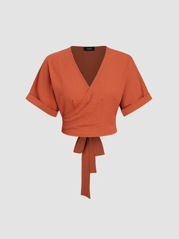 Miami Sunset Vacation V-neck Wrap Knotted Crop Short Sleeve Top sold by Cider