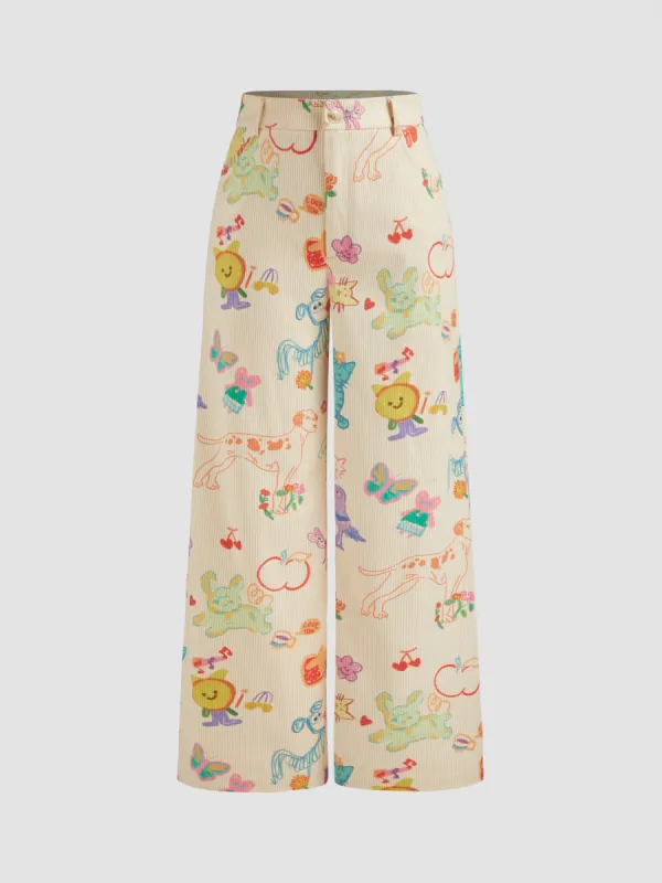 Corduroy Mid Rise Animal & Fruit Graphic Wide Leg Trousers sold by Cider