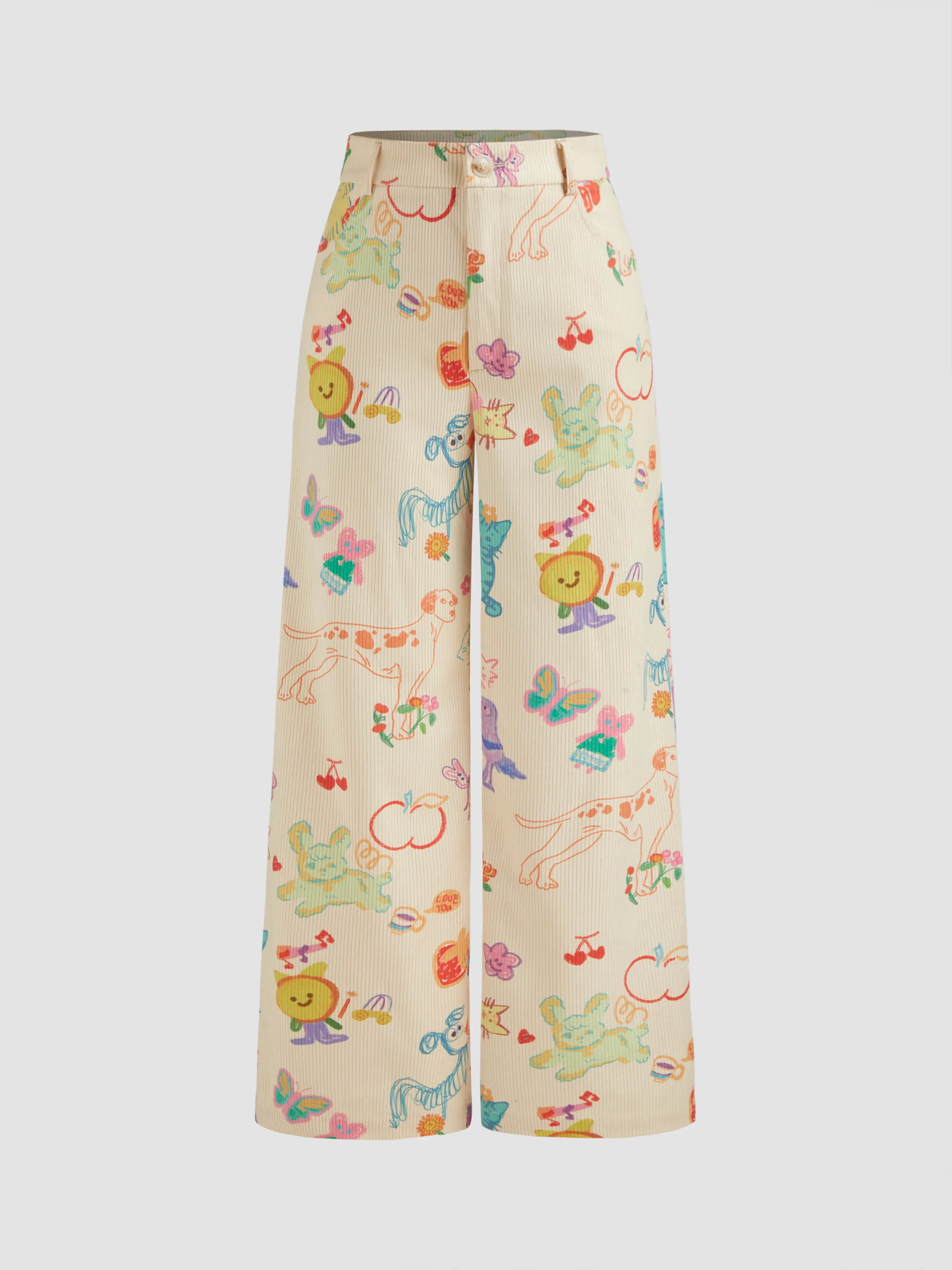Corduroy Mid Rise Animal & Fruit Graphic Wide Leg Trousers sold by Cider