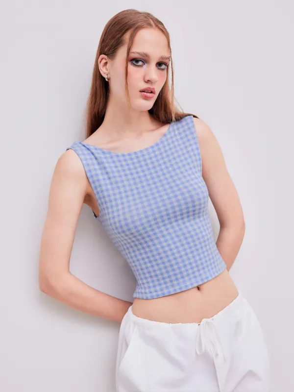 Boat Neck Gingham Bowknot Backless Crop Tank Top sold by Cider