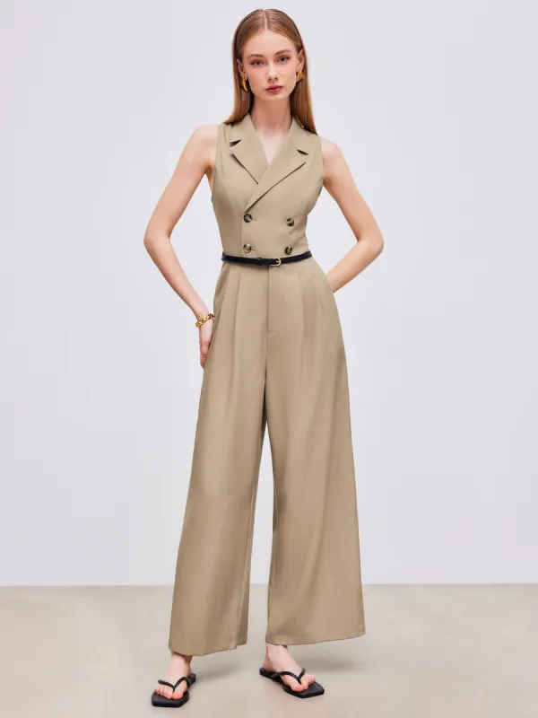 Collar Solid Button Jumpsuit With Belt sold by Cider