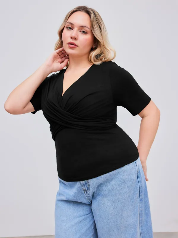 Jersey V-neck Twist Short Sleeve Tee Curve & Plus sold by Cider