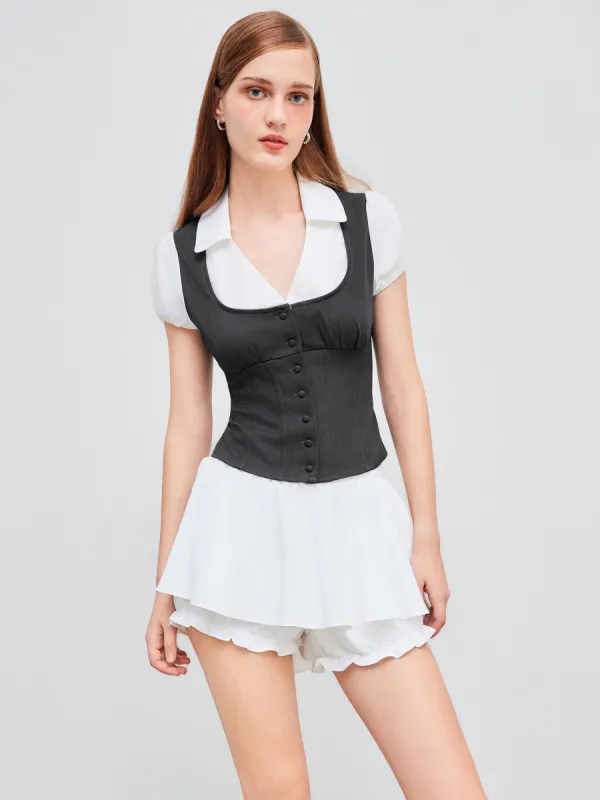 Woven Collar Two Tone Short Sleeve Blouse sold by Cider