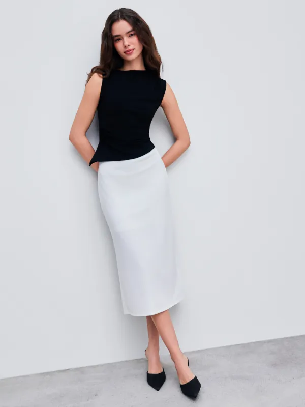 Boat Neck Solid Asymmetrical Hem Tank Top & Mid Rise Split Maxi Skirt sold by Cider
