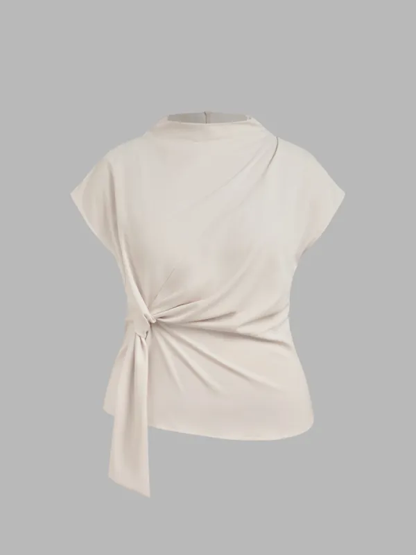 Round Neckline Knotted Ruched Solid Short Sleeve Blouse Curve & Plus sold by Cider