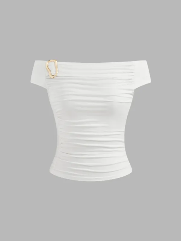 Off-shoulder Solid Ruched Buckle Short Sleeve Top sold by Cider