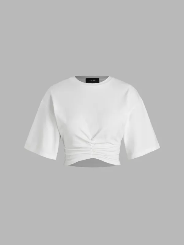 Ruched Round Neckline Short Sleeve Crop Tee sold by Cider