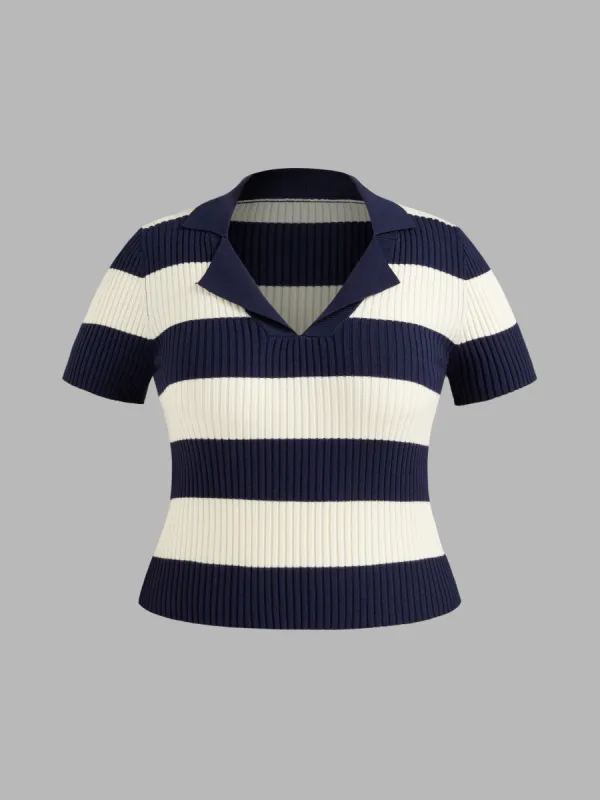 Knitted Polo Striped Short Sleeve Top Curve & Plus sold by Cider