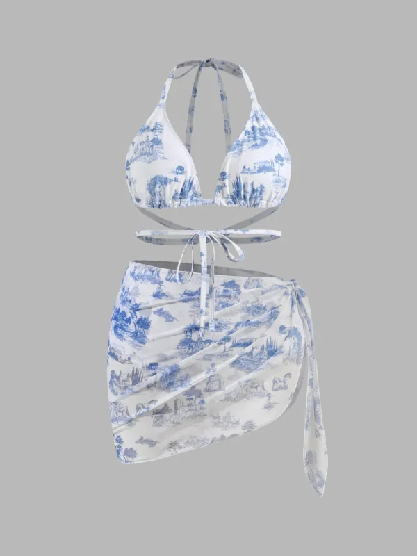Shaping Halter Toile de Jouy Triangle Cheeky Bikini Set & Sarong Curve & Plus sold by Cider