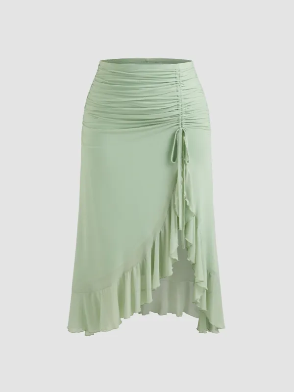 Mesh Mid Rise Solid Ruched Drawstring Ruffle Hem Maxi Skirt Curve & Plus sold by Cider