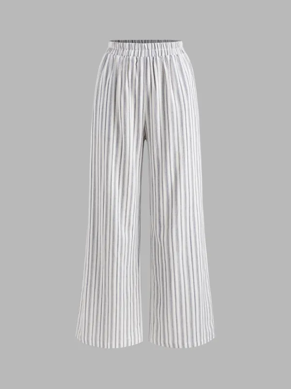 Cotton-blend Mid Rise Striped Pocket Wide Leg Trousers  sold by Cider