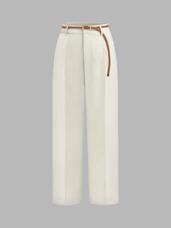 Linen-blend Mid Rise Solid Straight Leg Trousers With Belt sold by Cider