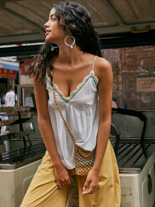 Woven V-neck Solid Contrasting Binding Cami Top sold by Cider