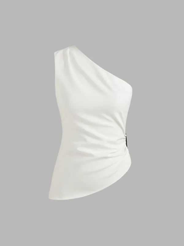 Asymmetrical Neck Solid Ruched Top sold by Cider