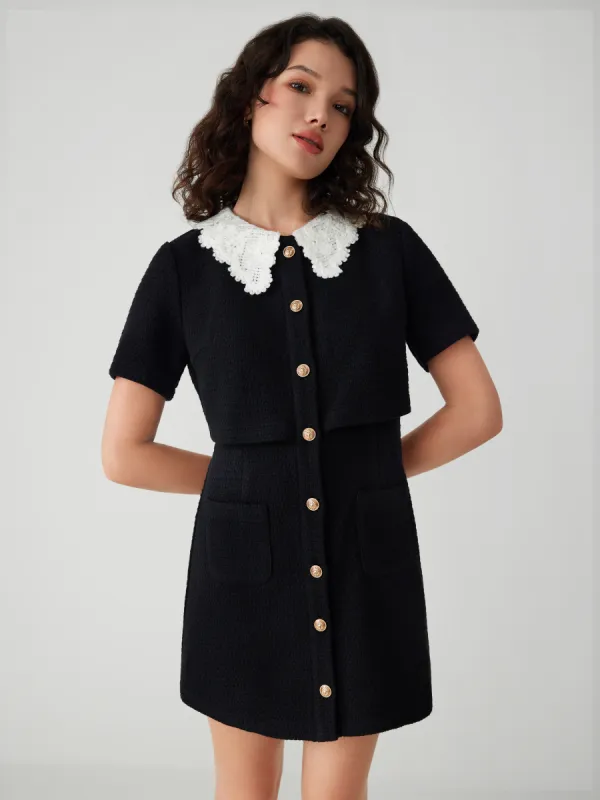 Tweed Collar Solid Lace Mini Dress sold by Cider