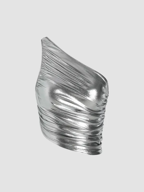 Metallic Asymmetrical Neck Ruched Tank Top sold by Cider