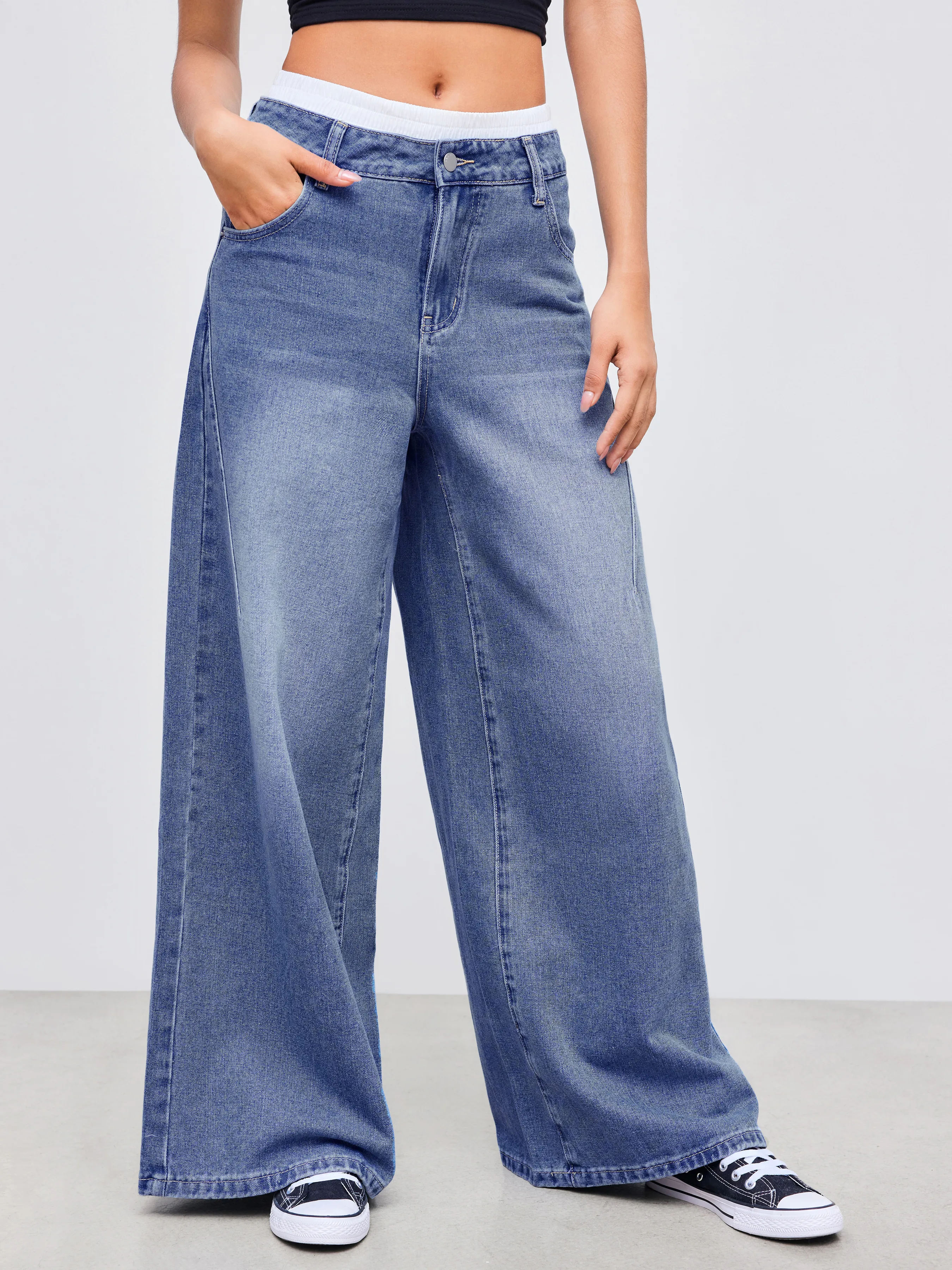Cider Denim Low Rise Solid Wide Leg Jeans sold by Cider