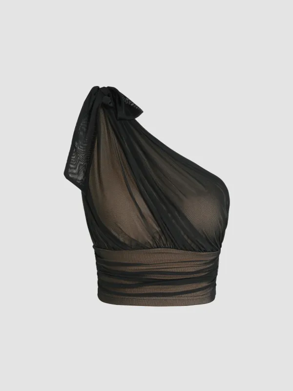 Mesh Asymmetrical Neck Crop Top sold by Cider