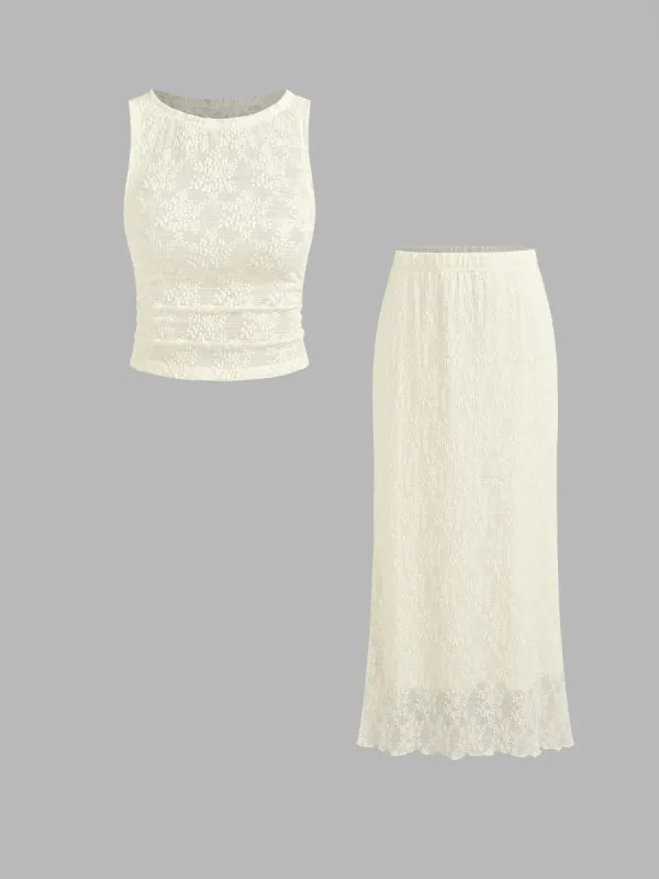 Round Neckline Solid Ruched Tank Crop Top & Mid Rise Lettuce Trim Maxi Skirt sold by Cider