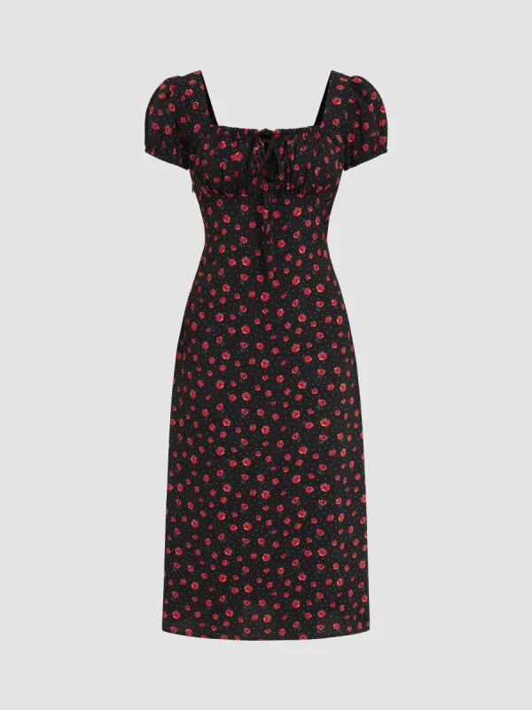 Square Neck Floral Knotted Short Sleeve Midi Dress sold by Cider