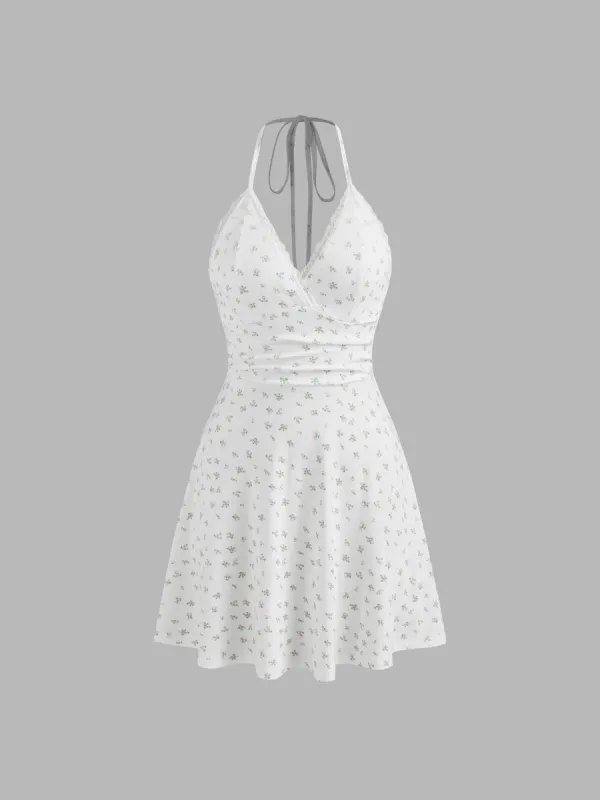 Halter Neckline Floral Lace Trim Ruched Mini Dress sold by Cider