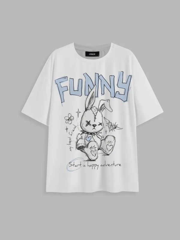 Round Neckline Funny Rabbit Graphic Short Sleeve Oversized Tee sold by Cider