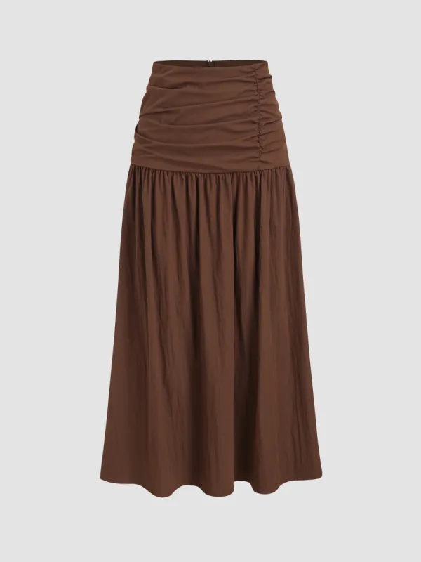 Cotton-blend Mid Rise Solid Ruched Maxi Skirt  sold by Cider