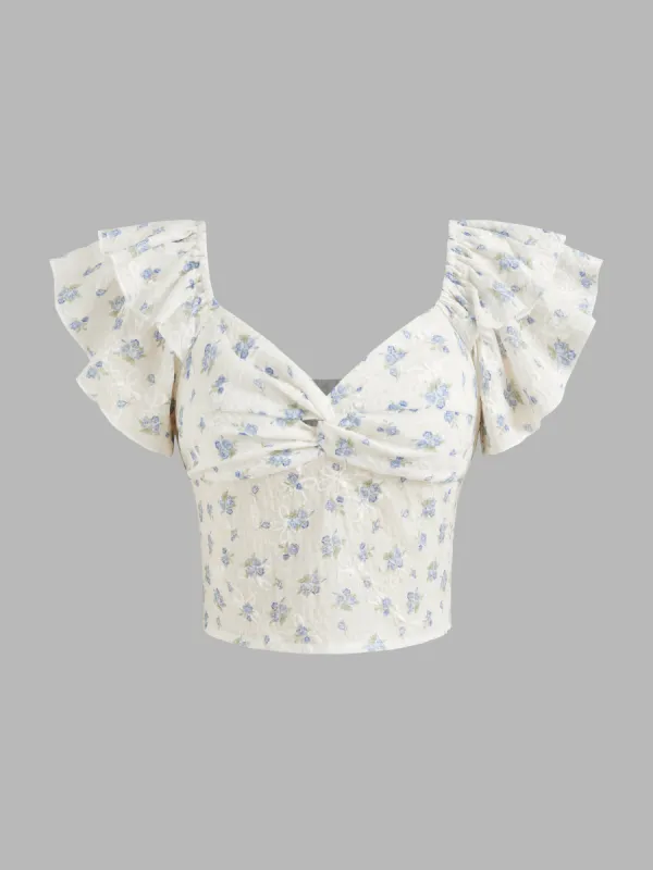Sweetheart Neckline Floral Shirred Crop Short Sleeve Blouse made by Cider