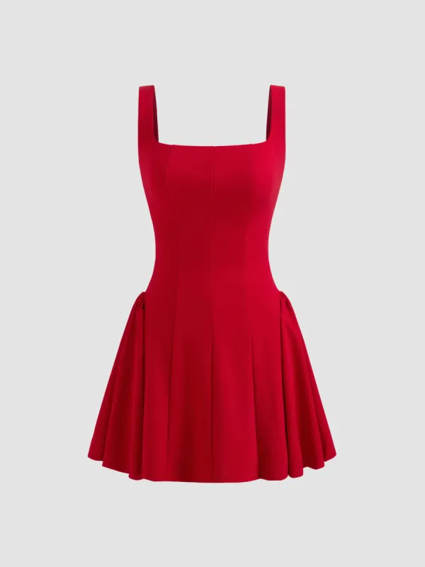 Square Neck Solid Pleated Mini Dress sold by Cider