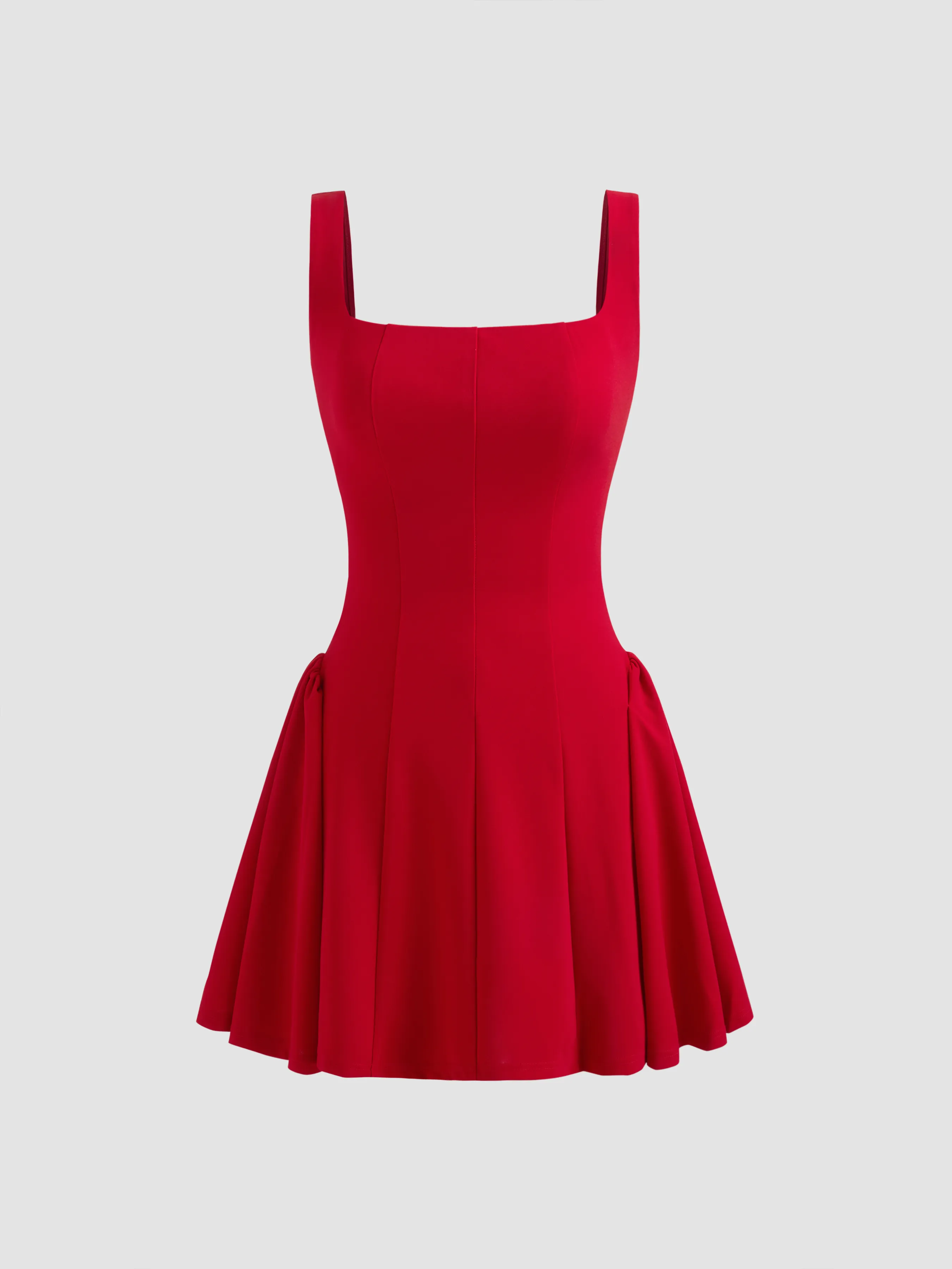 Square Neck Solid Pleated Mini Dress | Parallel