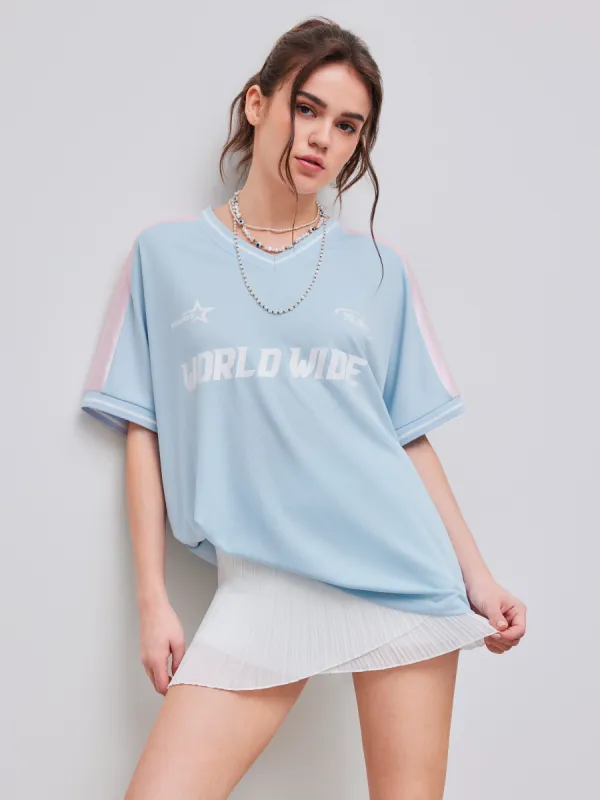 World Wide V-neck Graphic Short Sleeve Oversized Tee sold by Cider